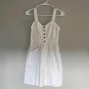 White with tan stitching overall dress
